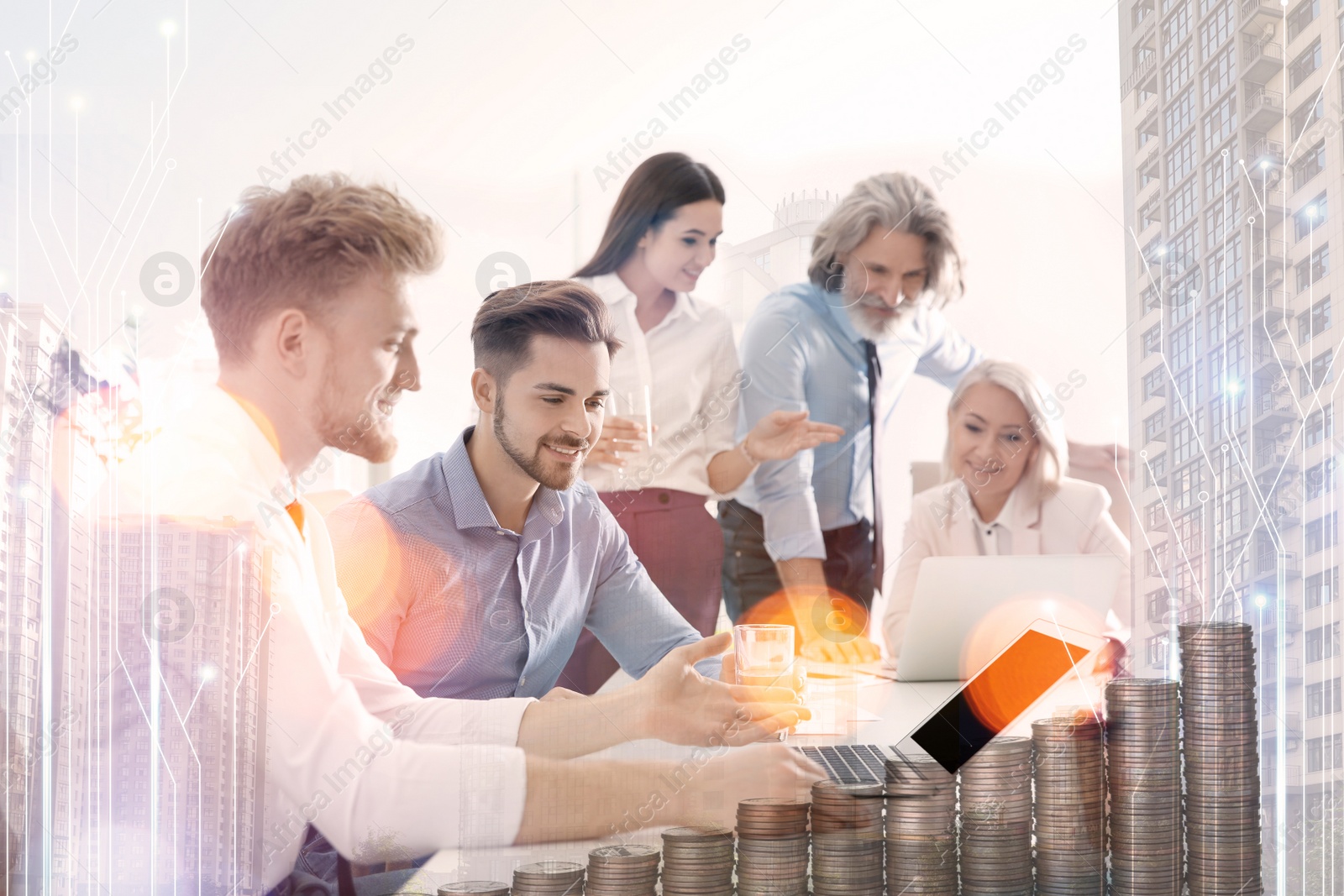 Image of Multiple exposure of people in office, stacked coins, circuit board pattern and cityscape. Business corporation 