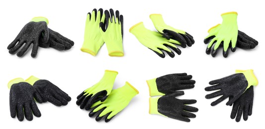 Image of Green gardening gloves isolated on white, views from different angles