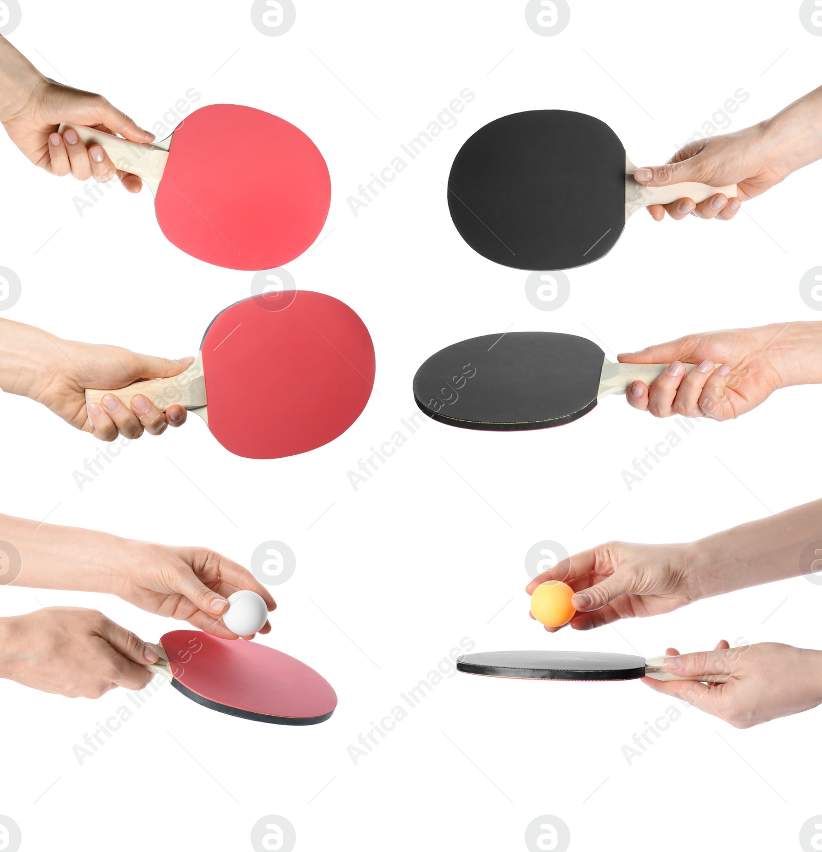 Image of Closeup view of women with ping pong rackets and balls on white background, collage