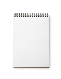 Stylish open notebook isolated on white, top view