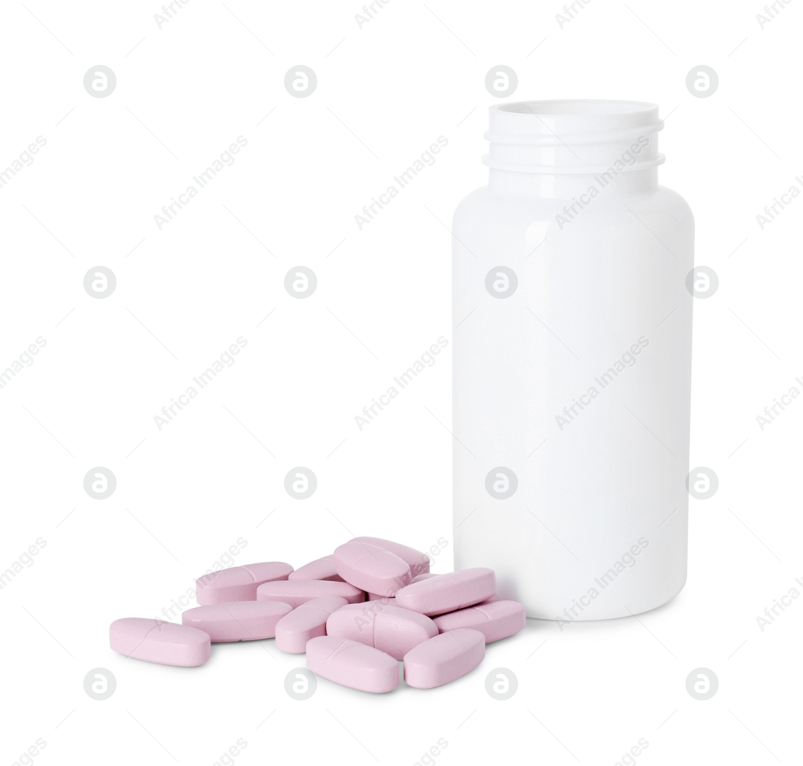 Photo of Bottle and pile of vitamin pills isolated on white