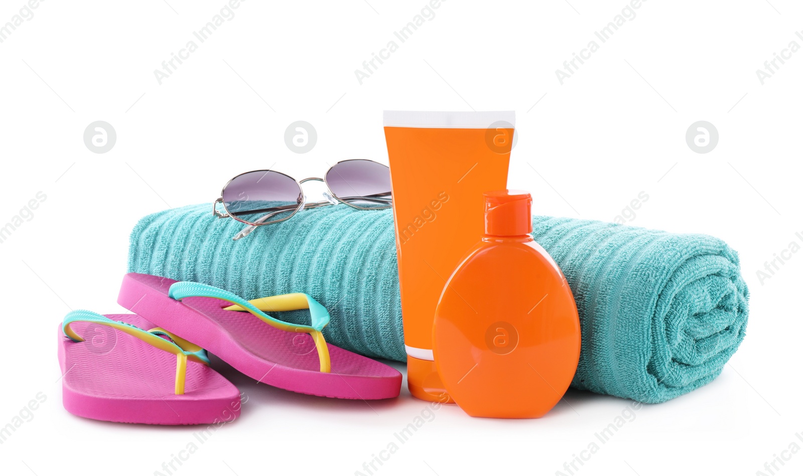 Photo of Composition with beach objects on white background