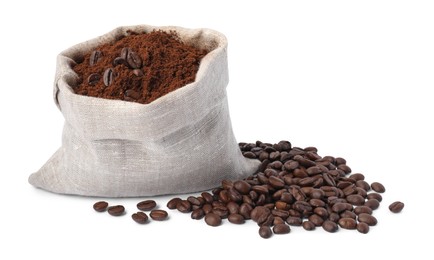 Photo of Bag with ground coffee and roasted beans on white background