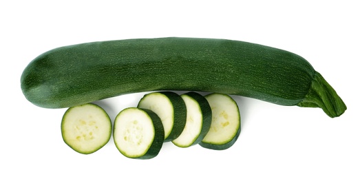 Photo of Cut and whole green ripe zucchini isolated on white, top view