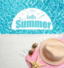 Image of Hello Summer. Beach accessories on white wooden deck near swimming pool, flat lay