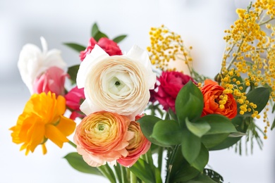 Photo of Beautiful ranunculus flowers, closeup