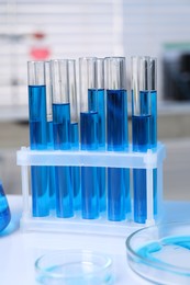 Photo of Laboratory analysis. Test tubes and petri dishes with blue liquid on white table indoors