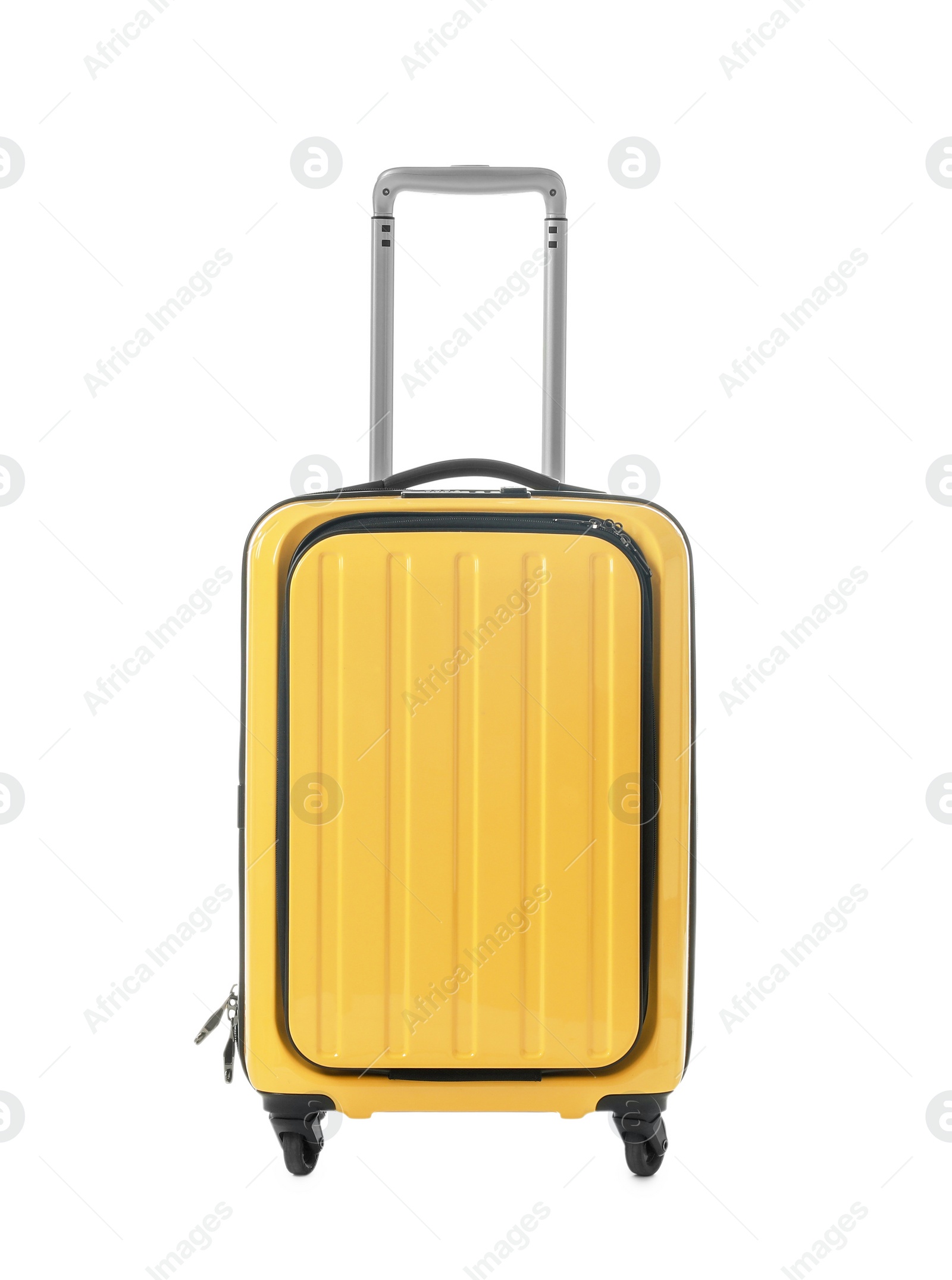 Photo of Bright yellow suitcase packed for journey on white background