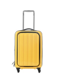 Bright yellow suitcase packed for journey on white background