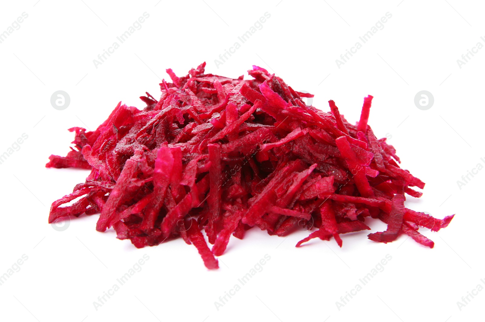 Photo of Heap of grated fresh red beet on white background