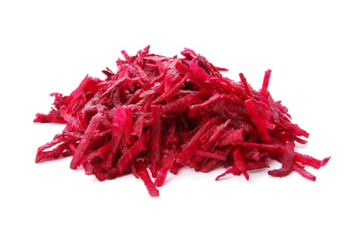 Heap of grated fresh red beet on white background