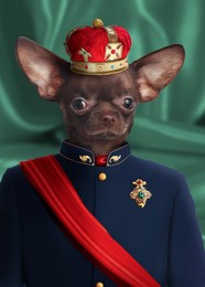 Image of Toy terrier dressed like royal person against green background