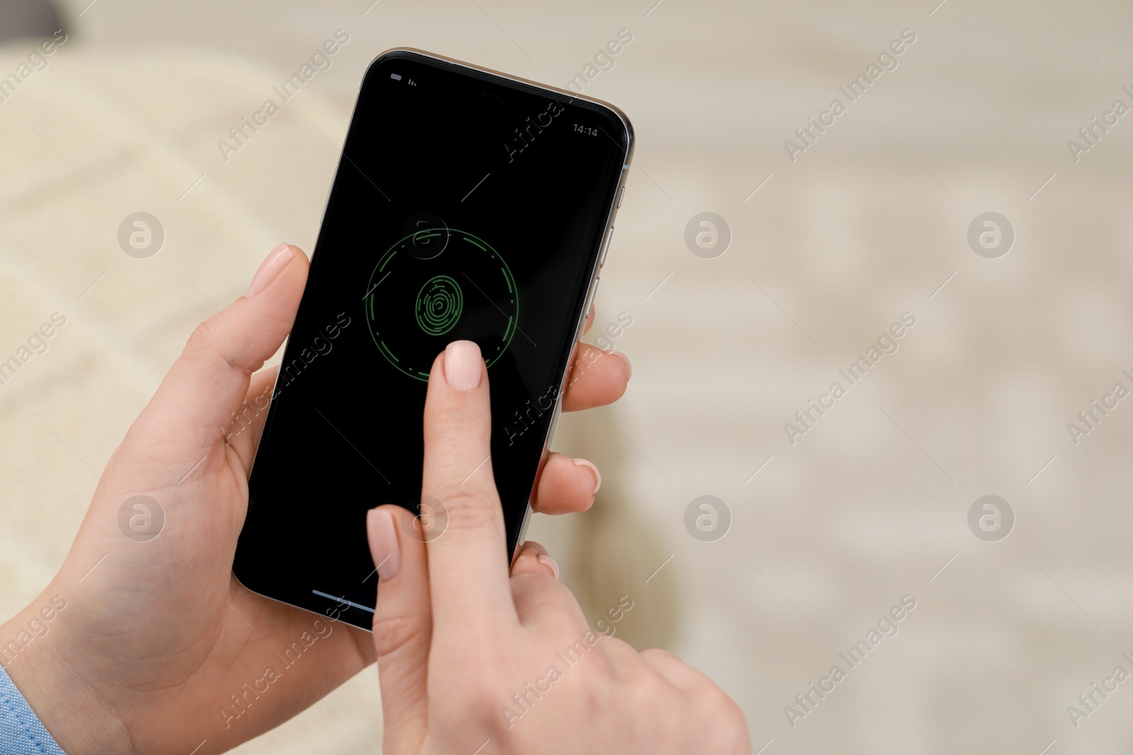 Photo of Woman unlocking smartphone with fingerprint scanner indoors, closeup. Space for text