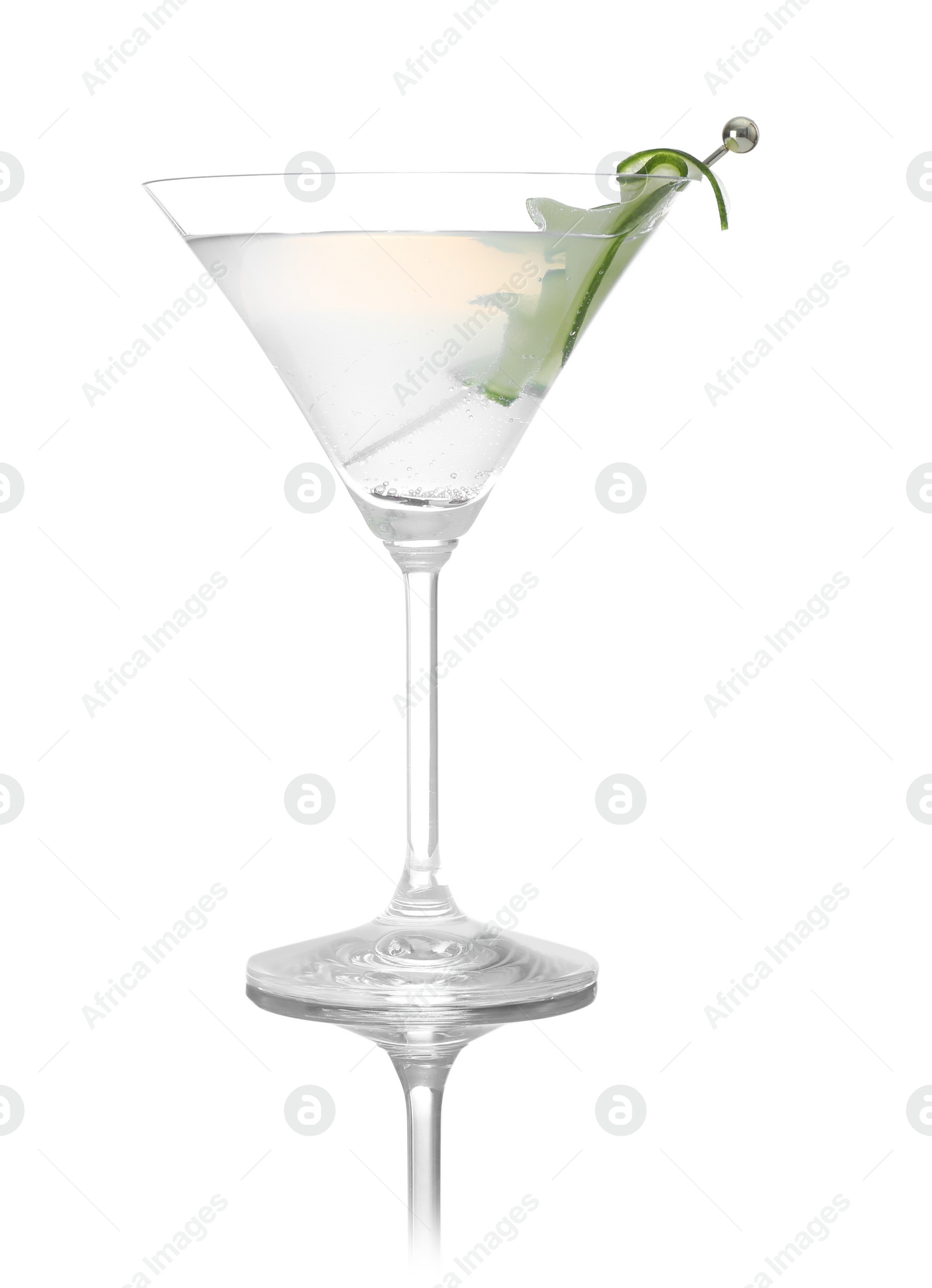 Photo of Glass of tasty martini with cucumber on white background