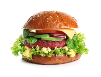 Tasty vegetarian burger with beet cutlet on white background