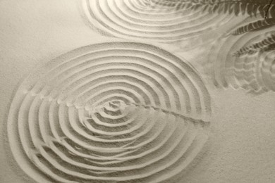 Beautiful spirals and shadows of leaves on sand. Zen garden