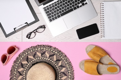 Photo of Flat lay composition with business supplies and beach accessories on color background. Concept of balance between work and life