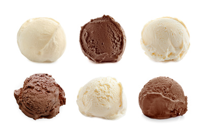 Set with scoops of different ice creams on white background