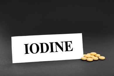 Card with word Iodine and pile of pills on black background