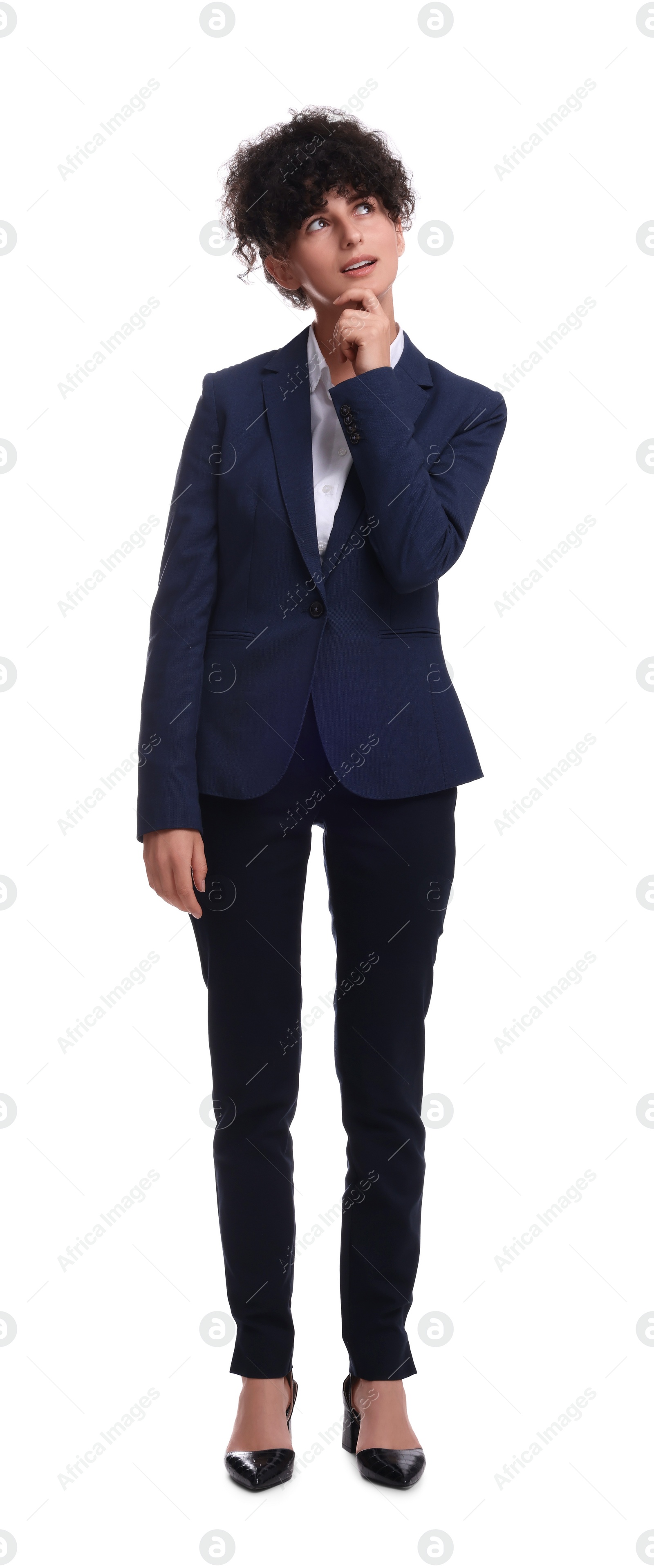 Photo of Beautiful young businesswoman in suit on white background