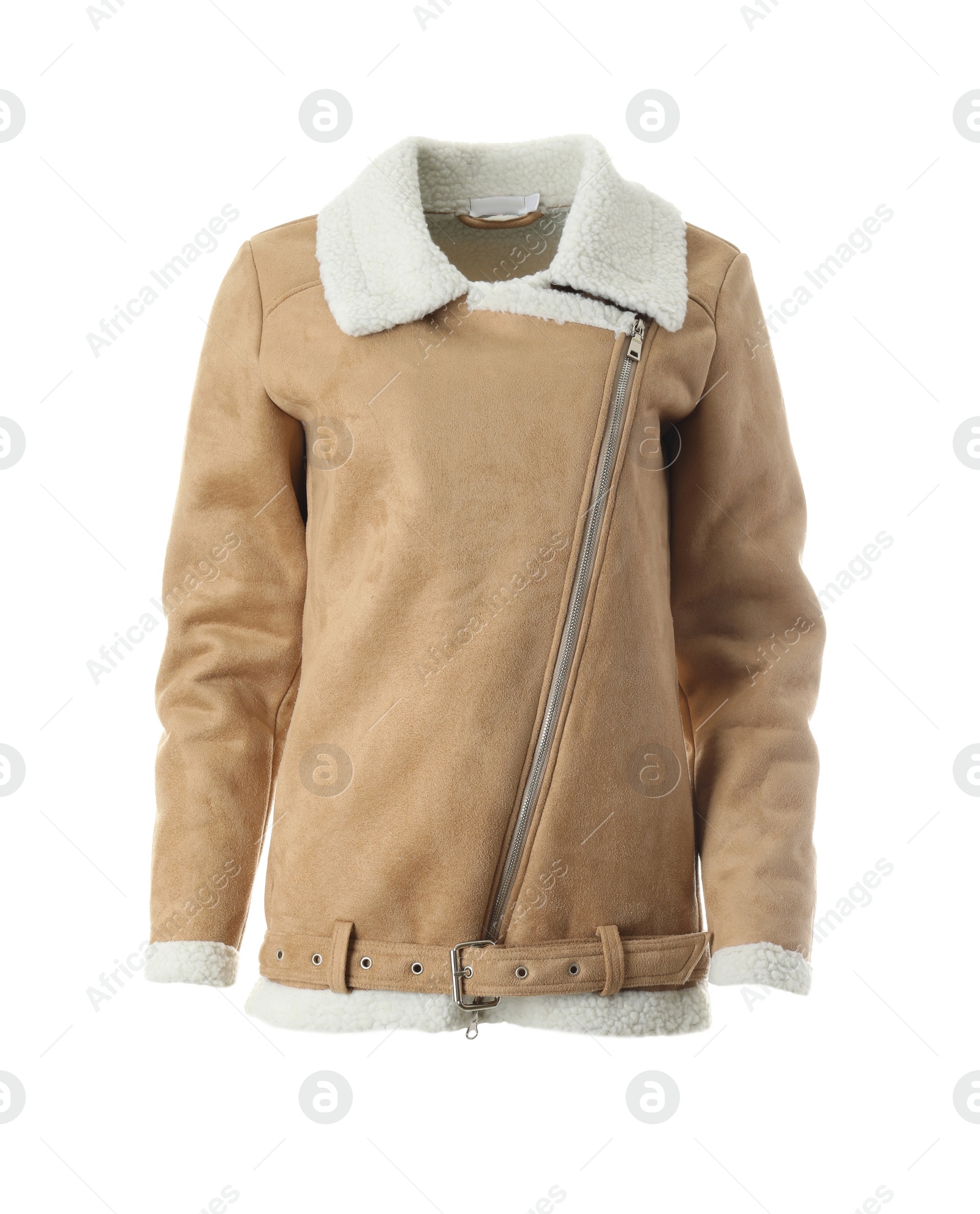 Photo of Modern stylish aviator jacket isolated on white