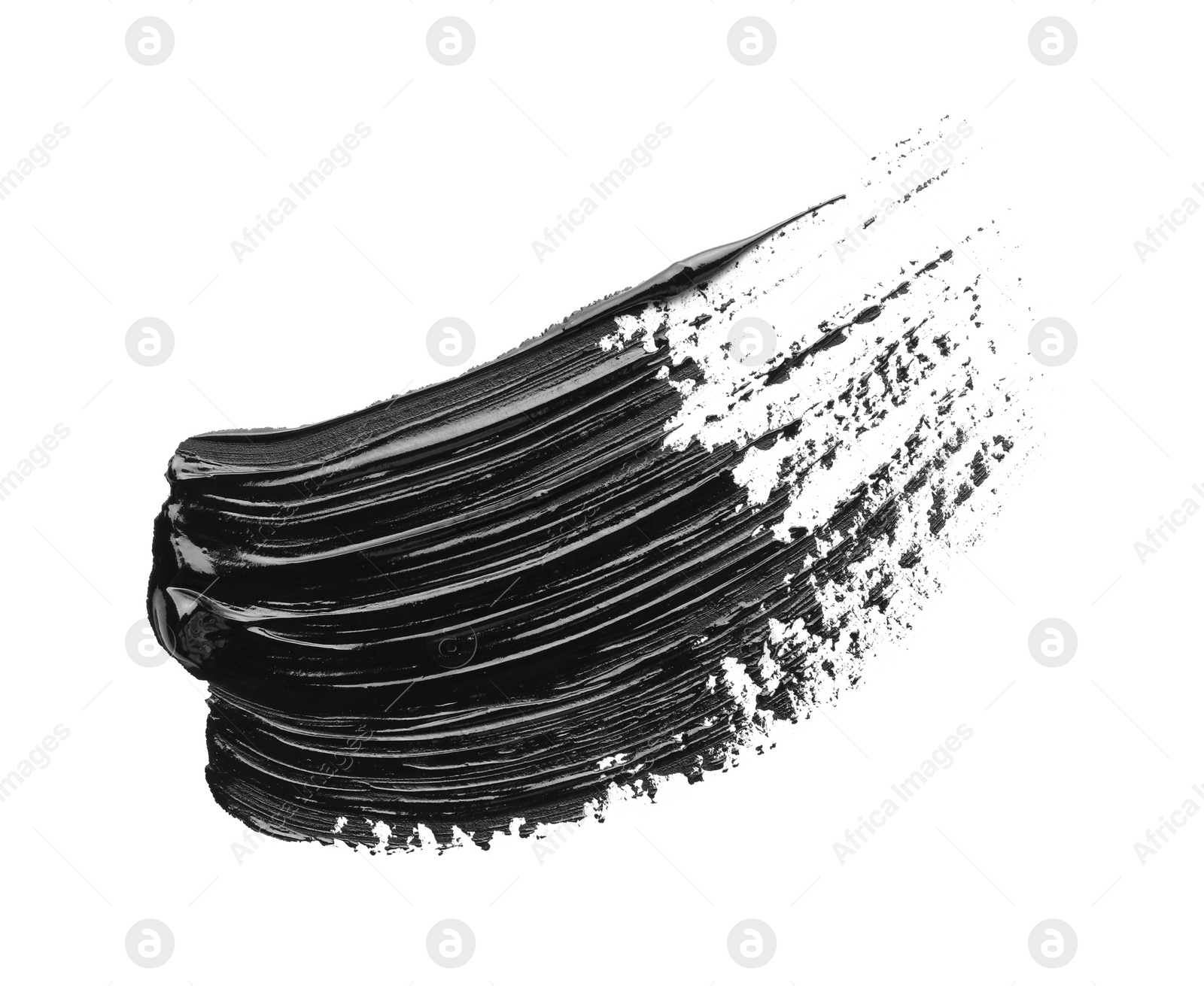 Photo of Brushstrokes of black oil paint on white background, top view