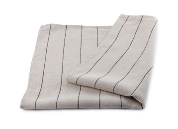 Photo of Light grey cloth napkin with stripes isolated on white