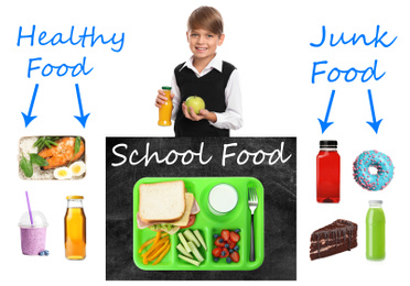 Image of Schoolboy and different products as variants for lunch. Healthy and junk food