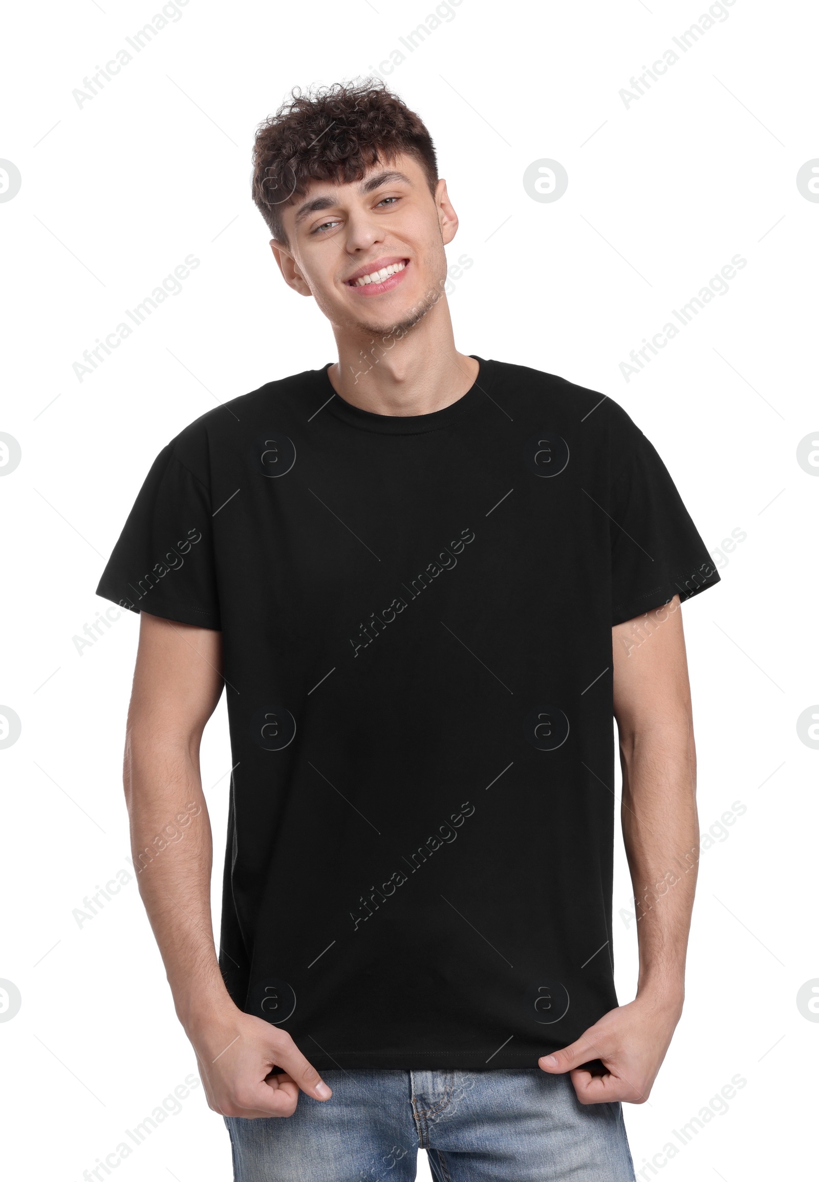 Photo of Young man wearing black t-shirt on white background