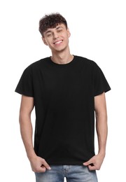 Young man wearing black t-shirt on white background