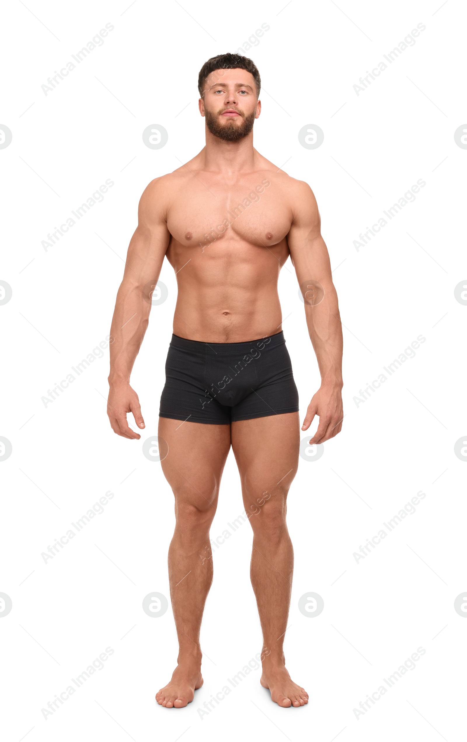 Photo of Handsome muscular man isolated on white. Sexy body