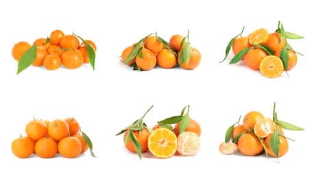 Image of Set of fresh ripe tangerines on white background