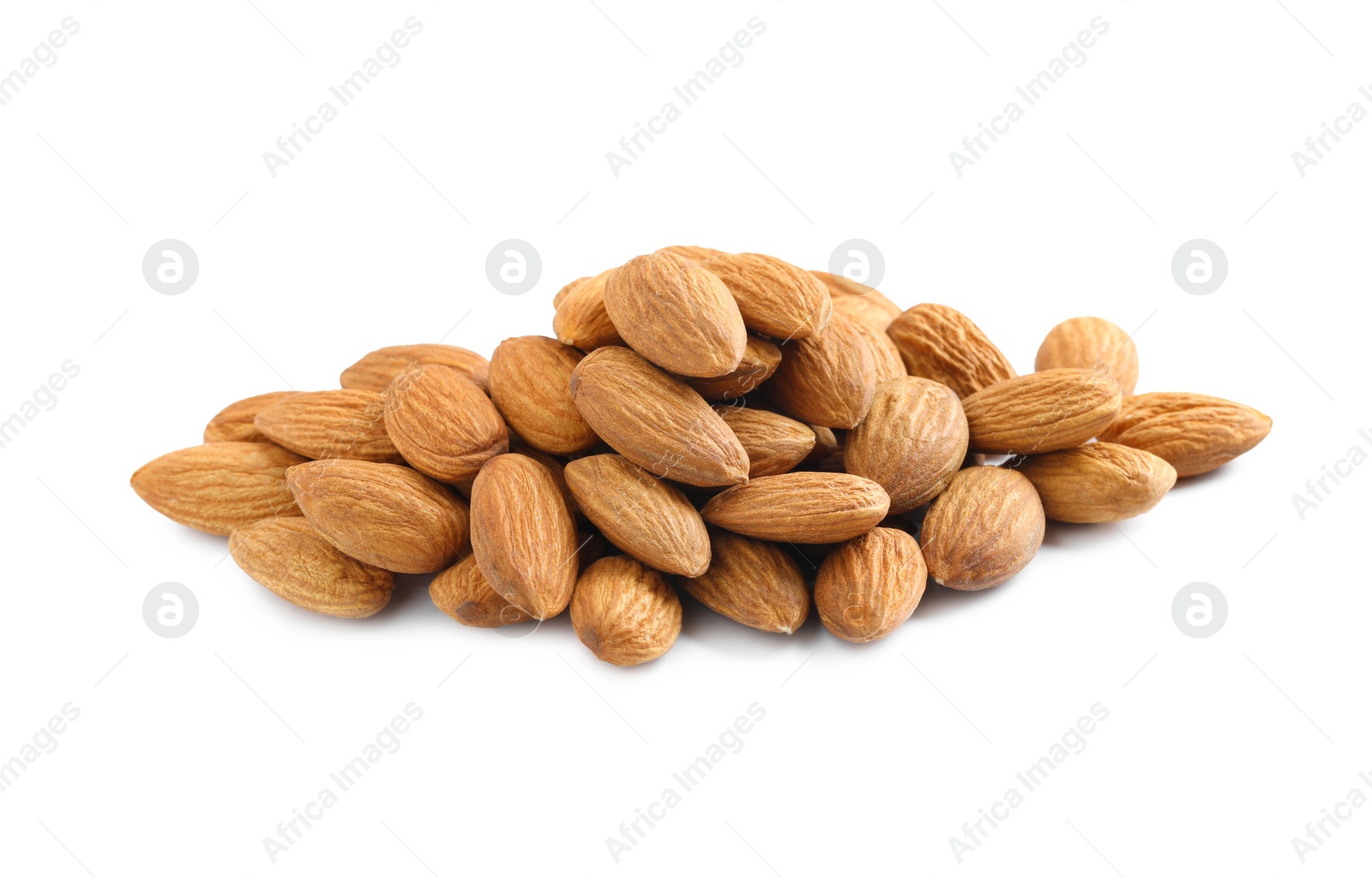 Photo of Pile of organic almond nuts on white background. Healthy snack