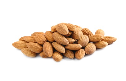 Photo of Pile of organic almond nuts on white background. Healthy snack