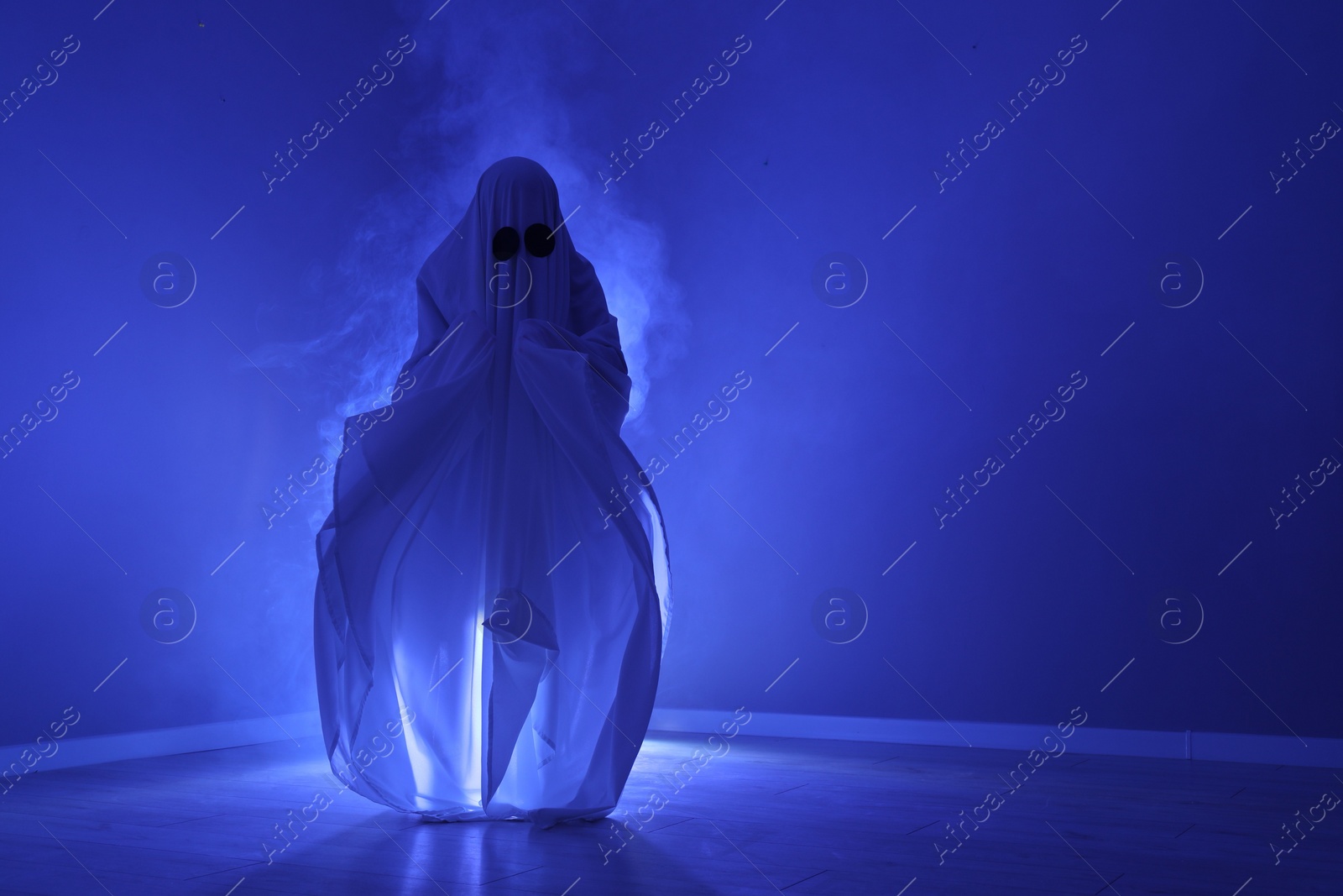 Photo of Creepy ghost. Woman covered with sheet in blue light, space for text