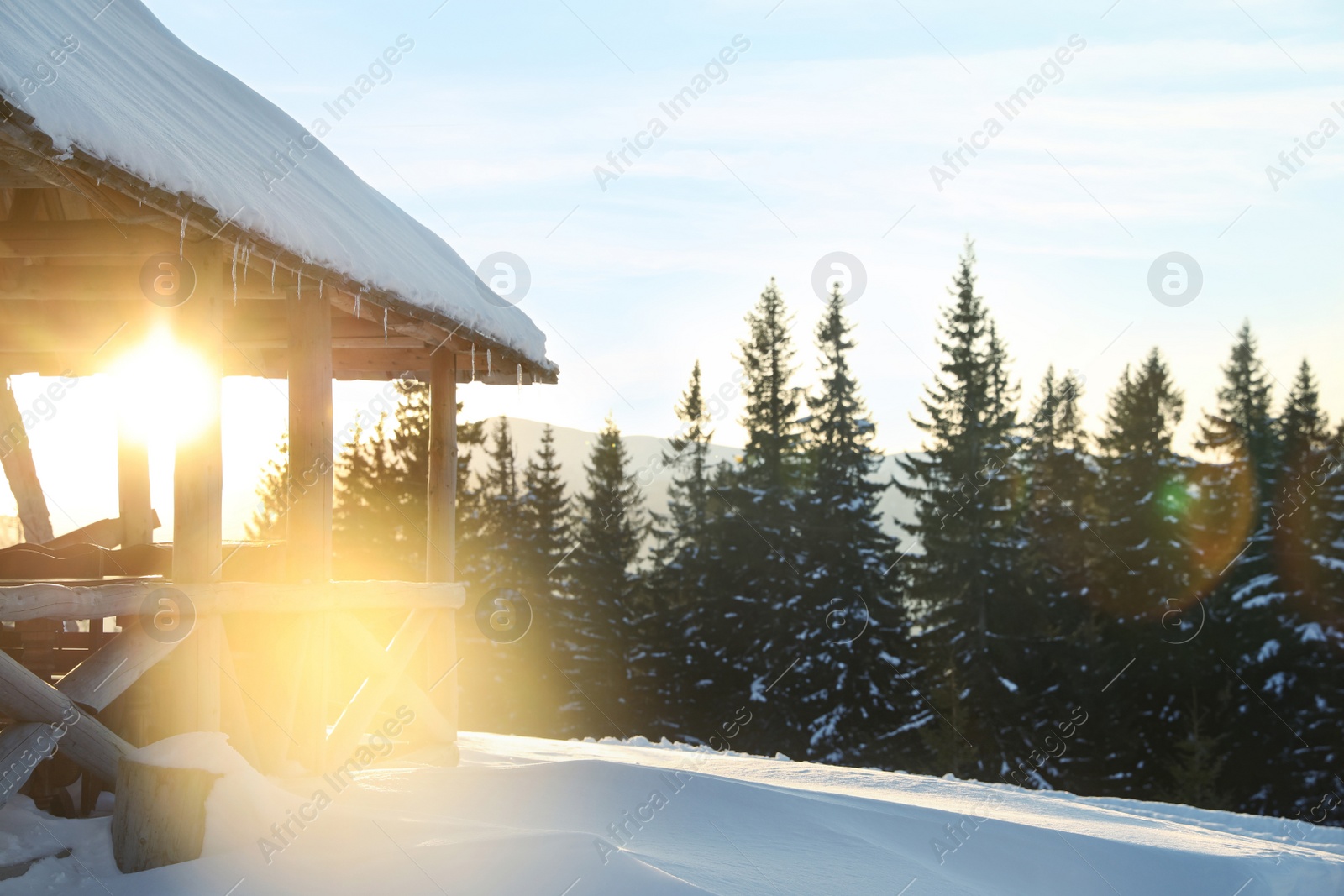 Photo of Wooden gazebo near snowy coniferous forest. Winter vacation