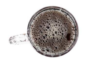 Full mug of beer isolated on white, top view