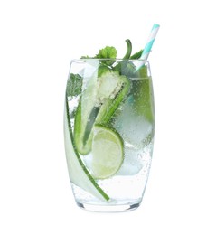 Spicy cocktail with jalapeno, cucumber, lime and mint isolated on white