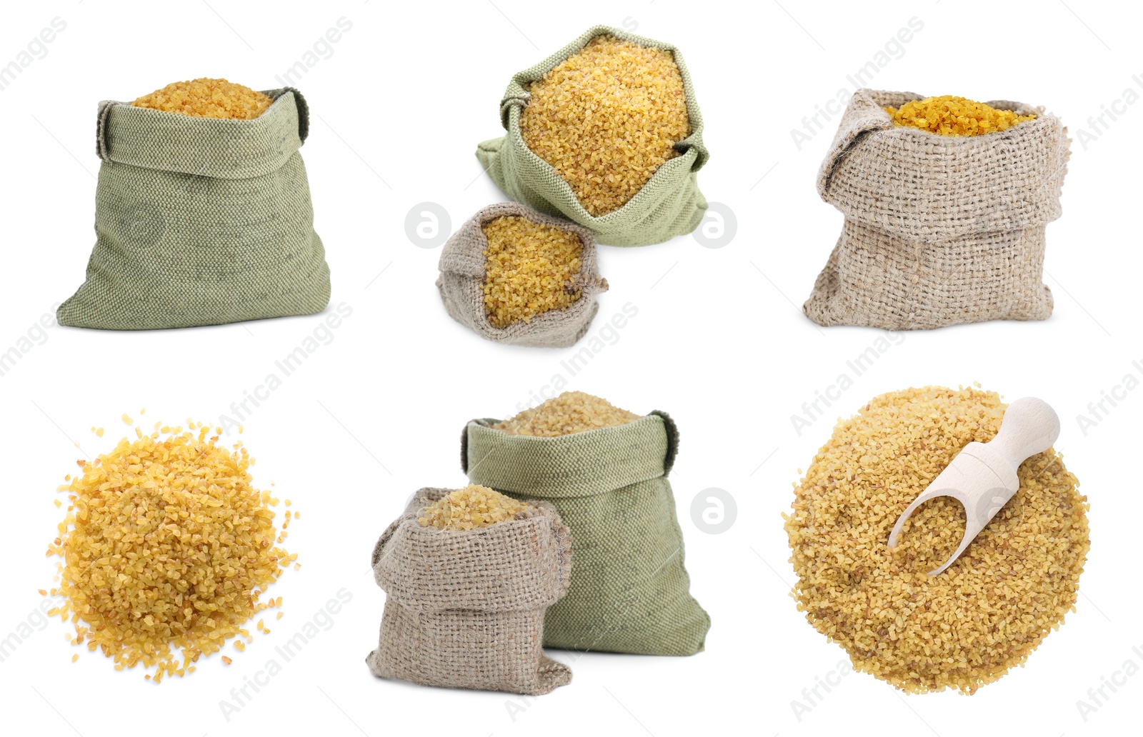 Image of Collage with bags and piles of uncooked bulgur on white background