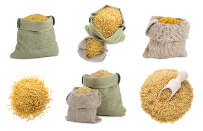 Image of Collage with bags and piles of uncooked bulgur on white background