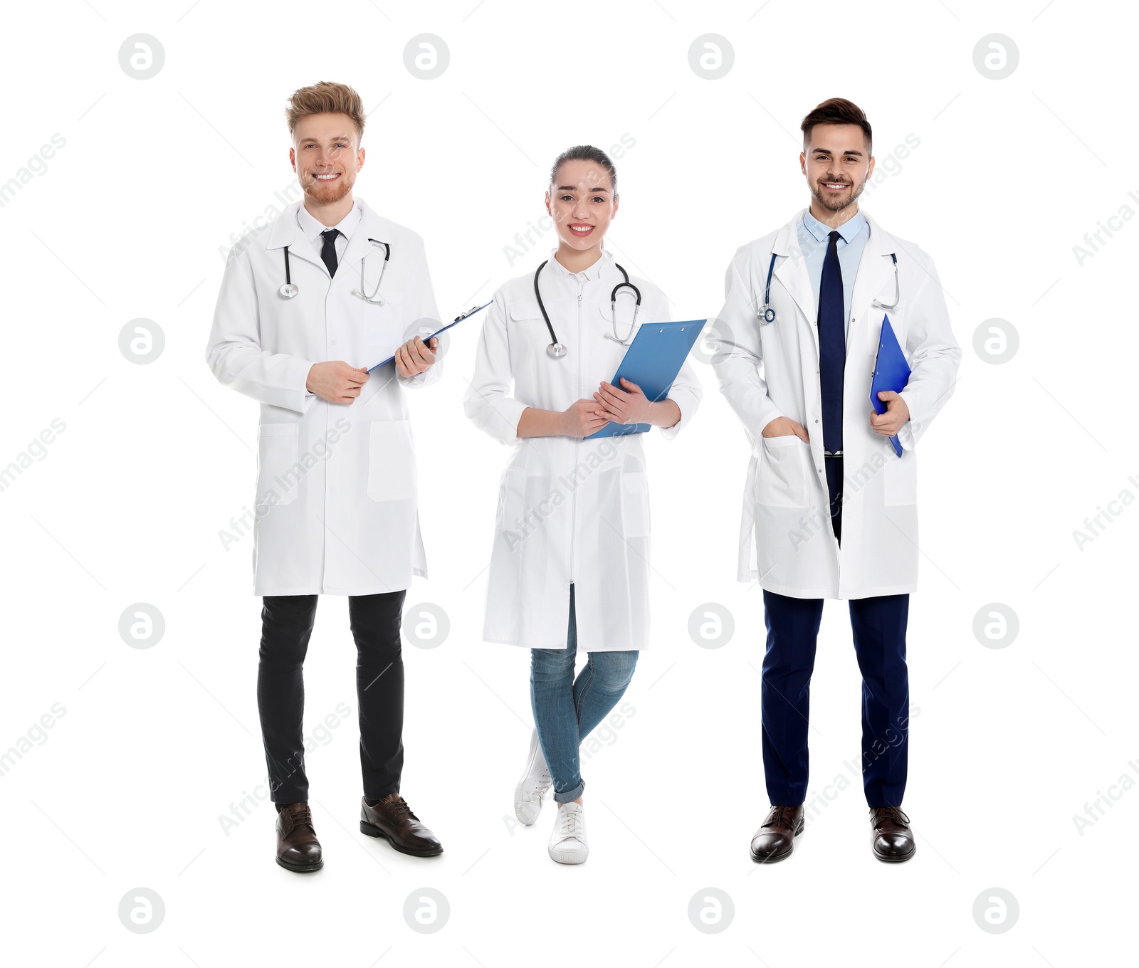 Image of Collage with photos of young doctors on white background