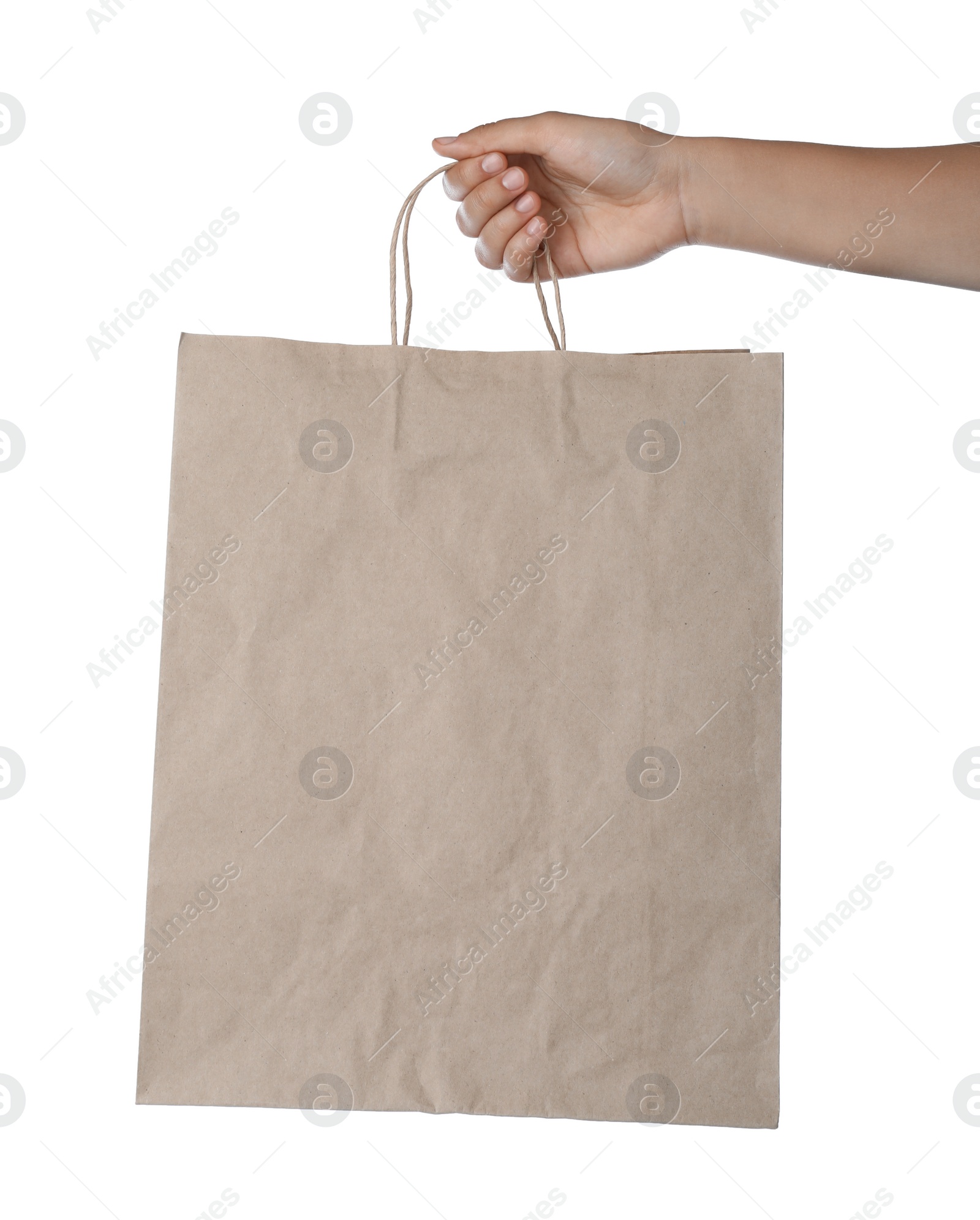 Photo of Woman holding shopping paper bag on white background