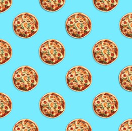 Image of Many delicious seafood pizzas on turquoise background, flat lay. Seamless pattern