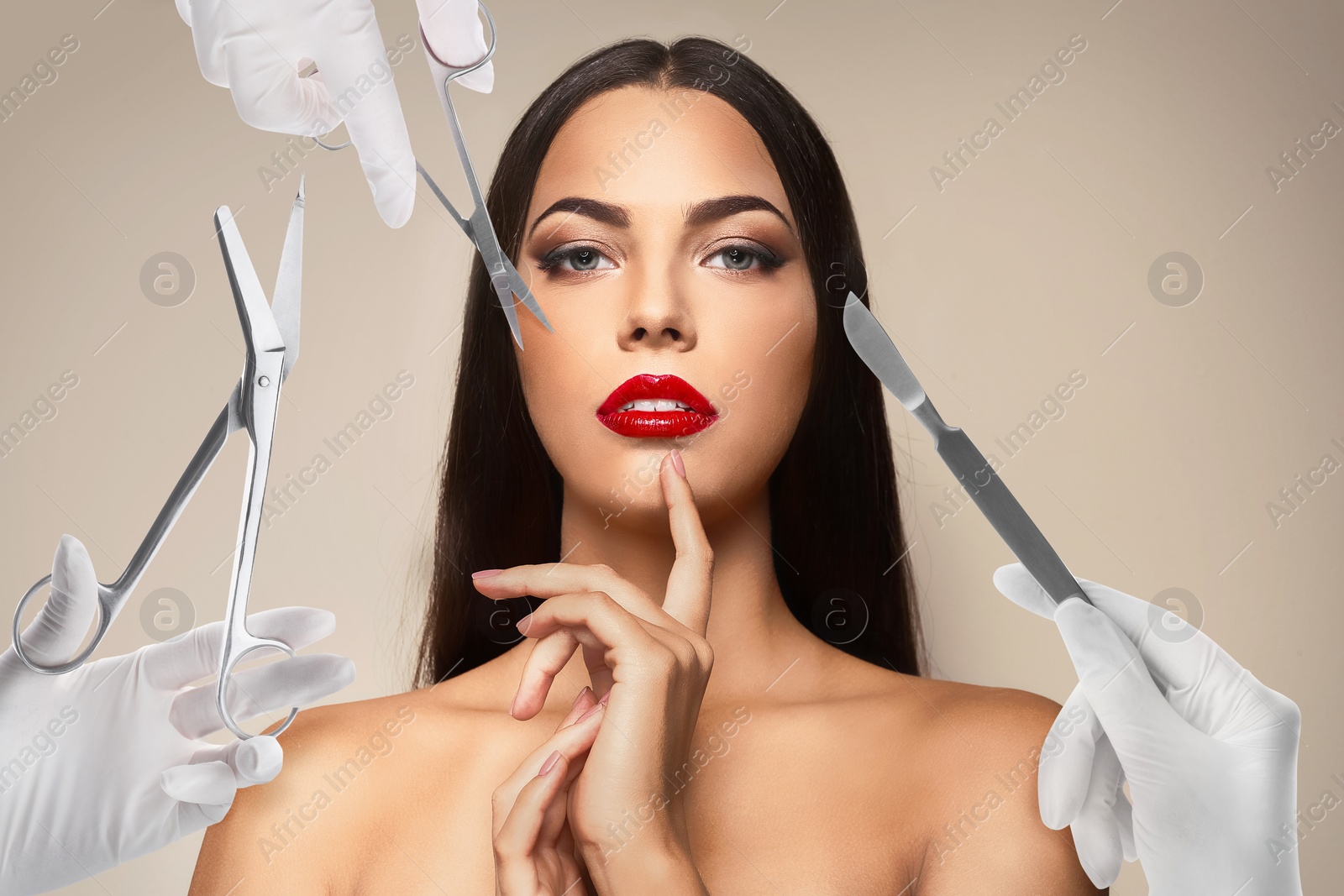 Image of Doctors with different instruments and young woman on beige background, collage. Concept of plastic surgery 