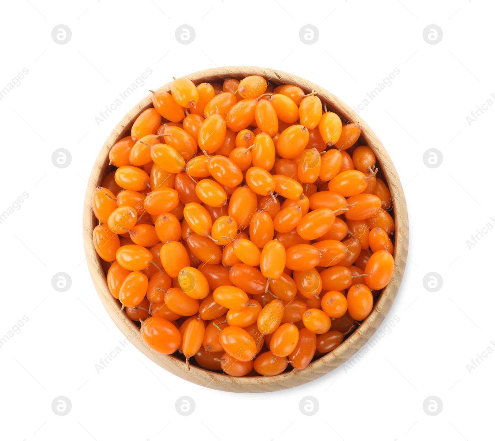 Photo of Fresh ripe sea buckthorn berries in bowl on white background, top view