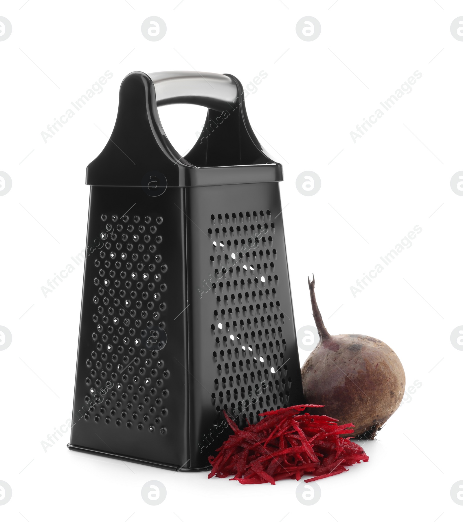 Photo of Stainless steel grater and fresh beetroot on white background