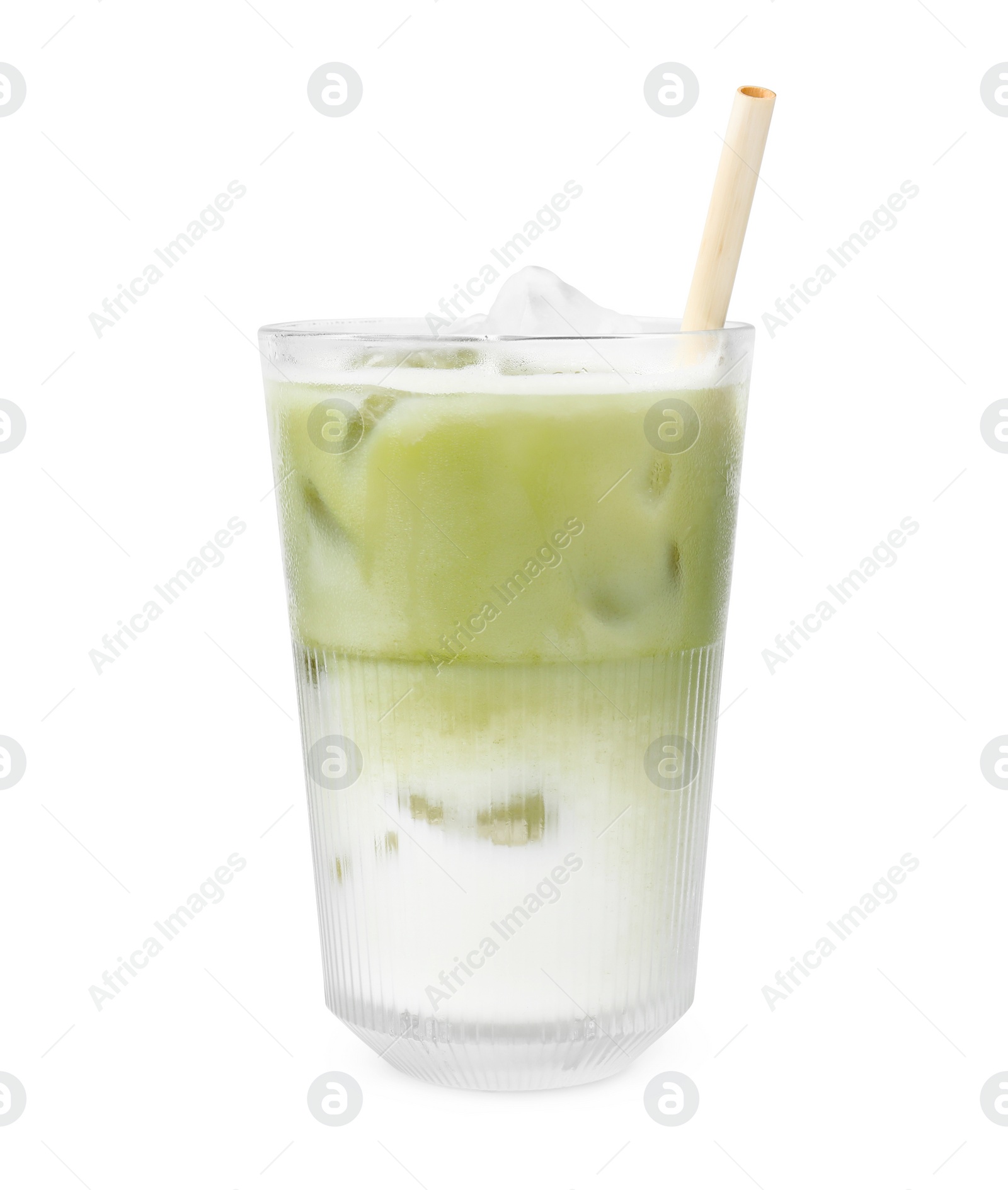 Photo of Glass of tasty iced matcha latte isolated on white