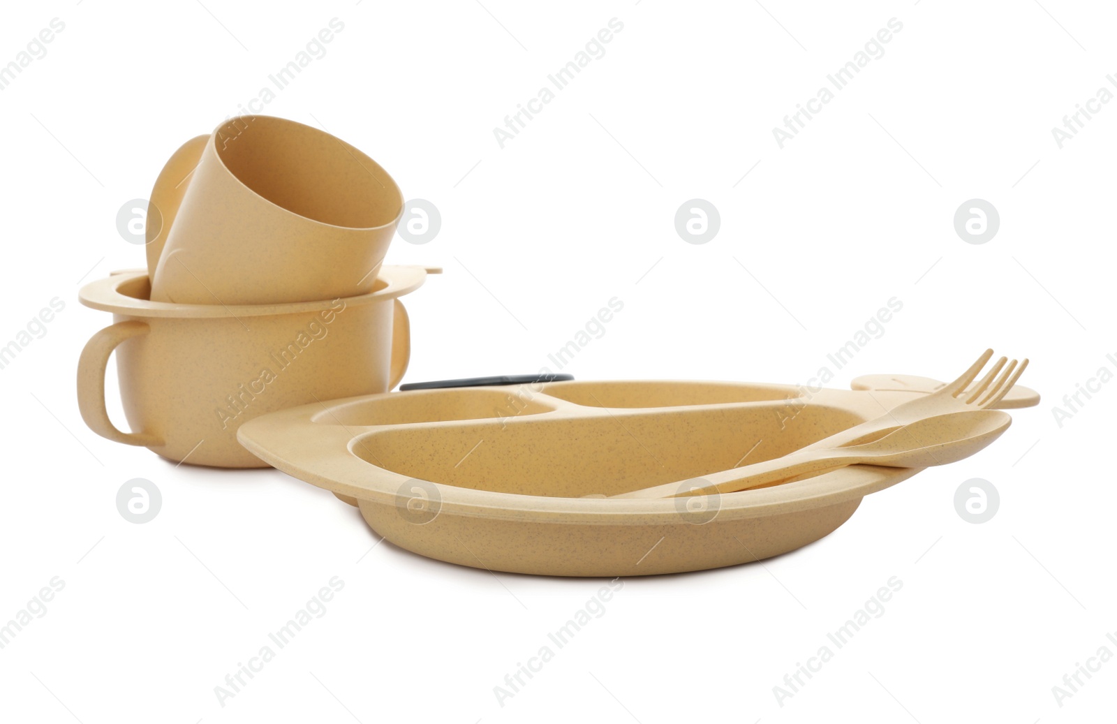 Photo of Set of plastic dishware on white background. Serving baby food