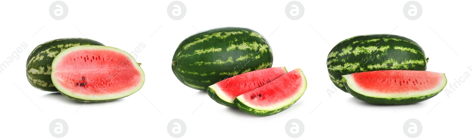 Image of Set of fresh watermelons on white background. Banner design