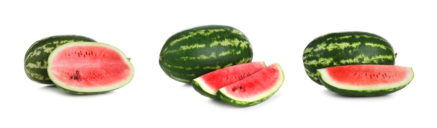 Image of Set of fresh watermelons on white background. Banner design